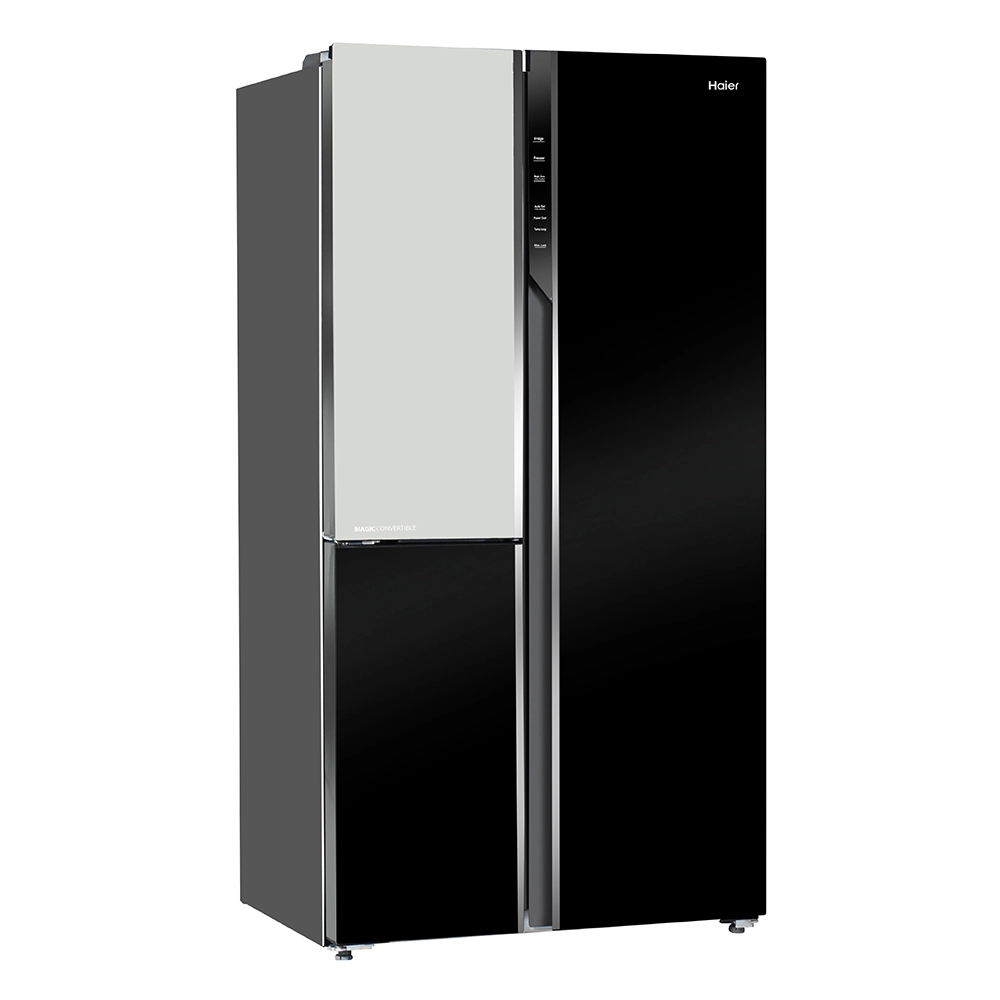 Haier Vogue Series 598L , Black White Glass Finish 3 Door Convertible Side By Side Refrigerator HRT-683KWG